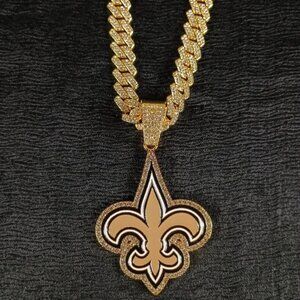 NFL New Orleans Saints Necklace Pendant Cuban Chain Link Football Jewelry